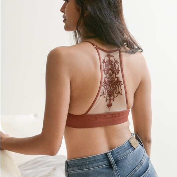 Rust Boho Sheer Lace Tattoo Floral Bralette - Picture 2 of 4